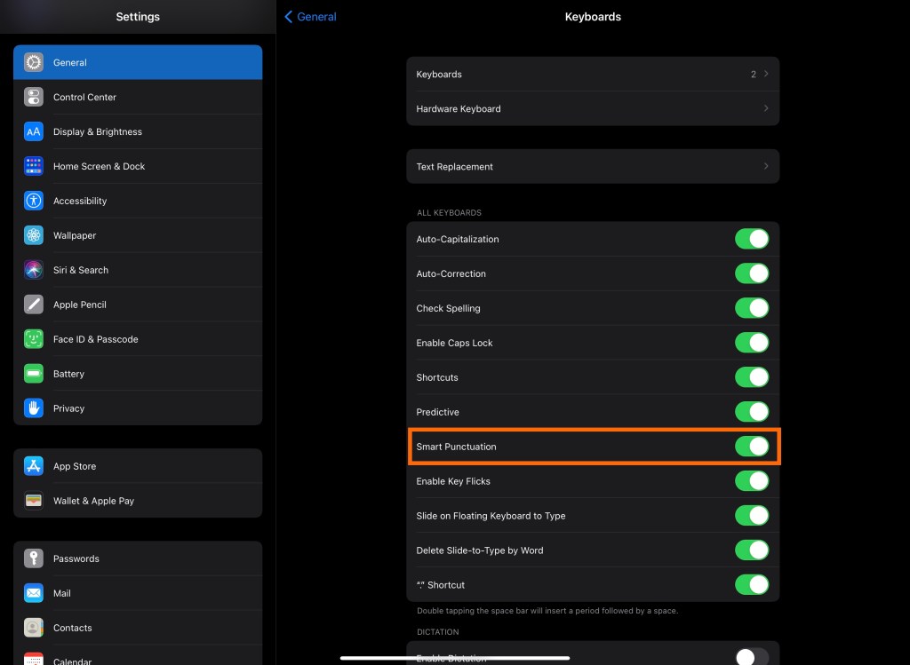 screenshot of Smart Punctuation toggle in the Settings app