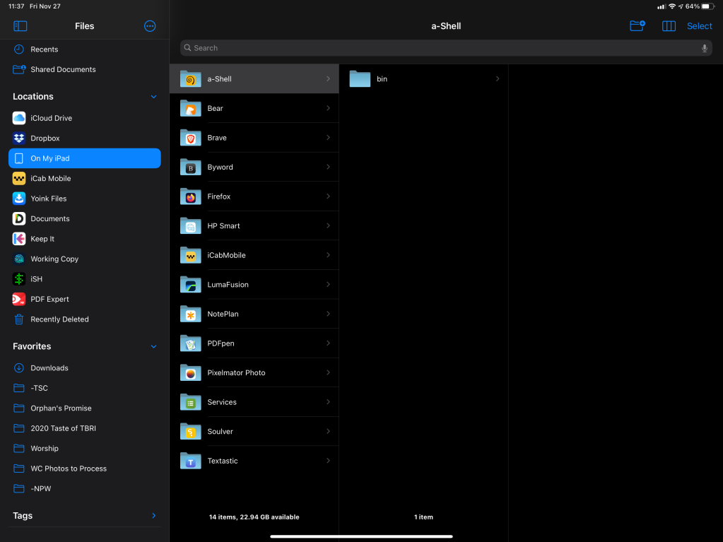 screenshot of the bin folder in the Files app